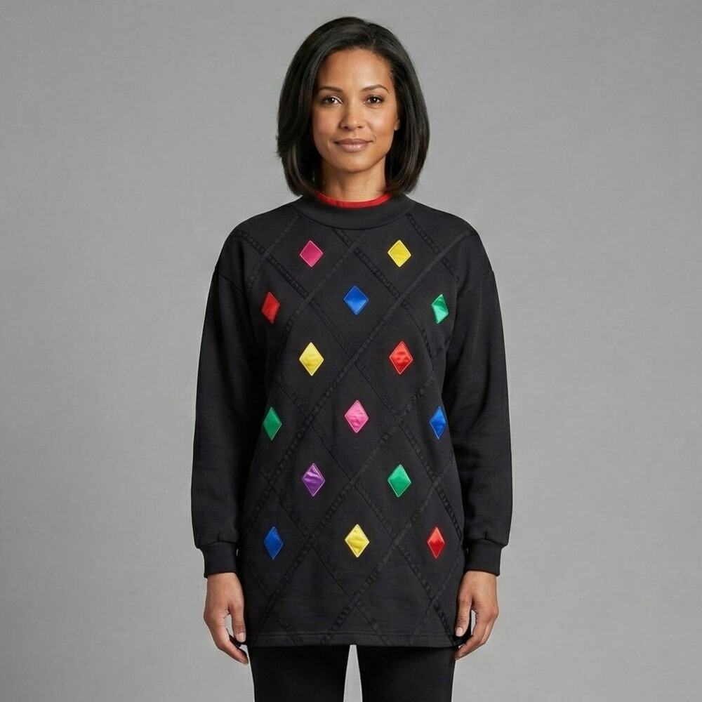 VTG CHANCE ENCOUNTERS Black Pull Over Sweater Bright Multicolor Diamonds Medium